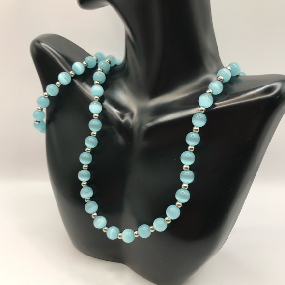 Light Blue Glass Cats Eye Bead Necklace & Bracelet Set - Picture 3 of 8